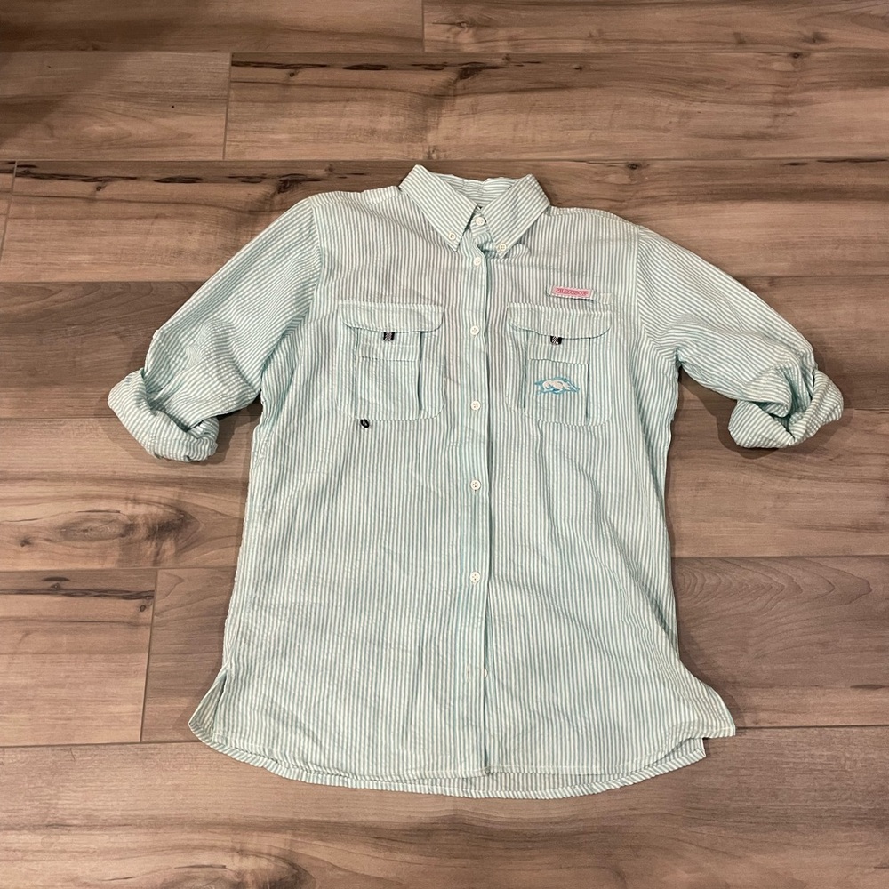 Arkansas University razorbacks seersucker light blue button down shirt pressbox